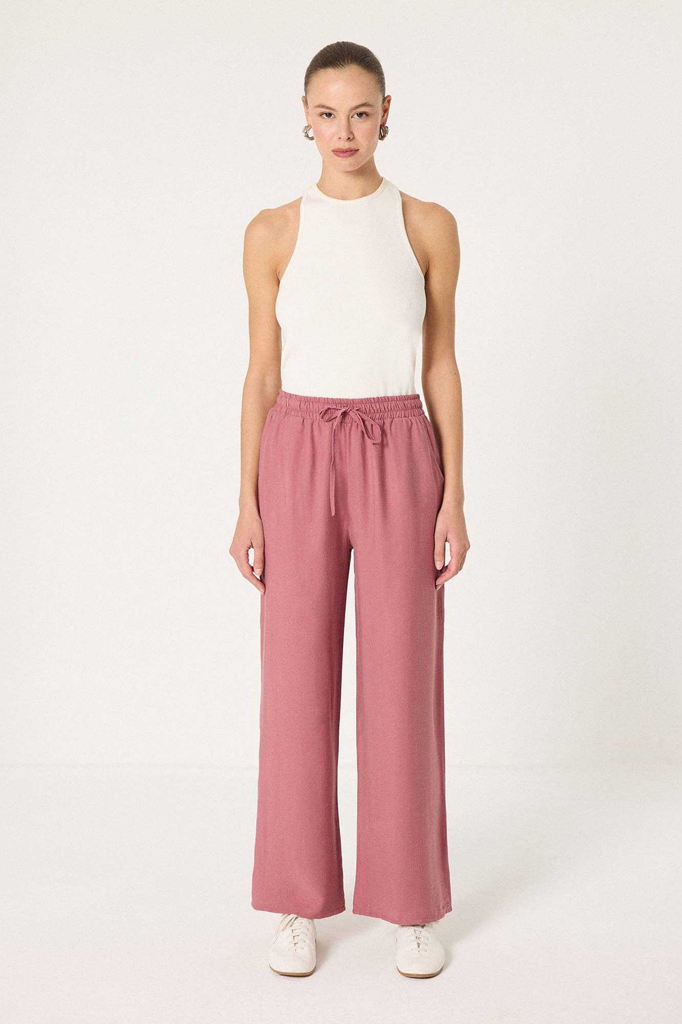 Wide-Leg Cotton Pants – Elastic Waist Relaxed Fit: Pink