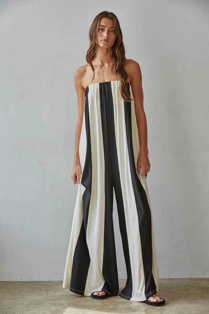Tilly | Knit Viscose Spandex Striped Tube Wide Leg Jumpsuit: Black Cream