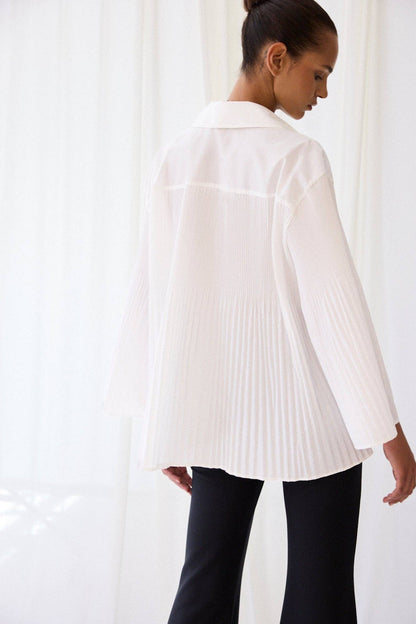 Pleated Belted Cotton Blend Longline Shirt: Ecru / Standart