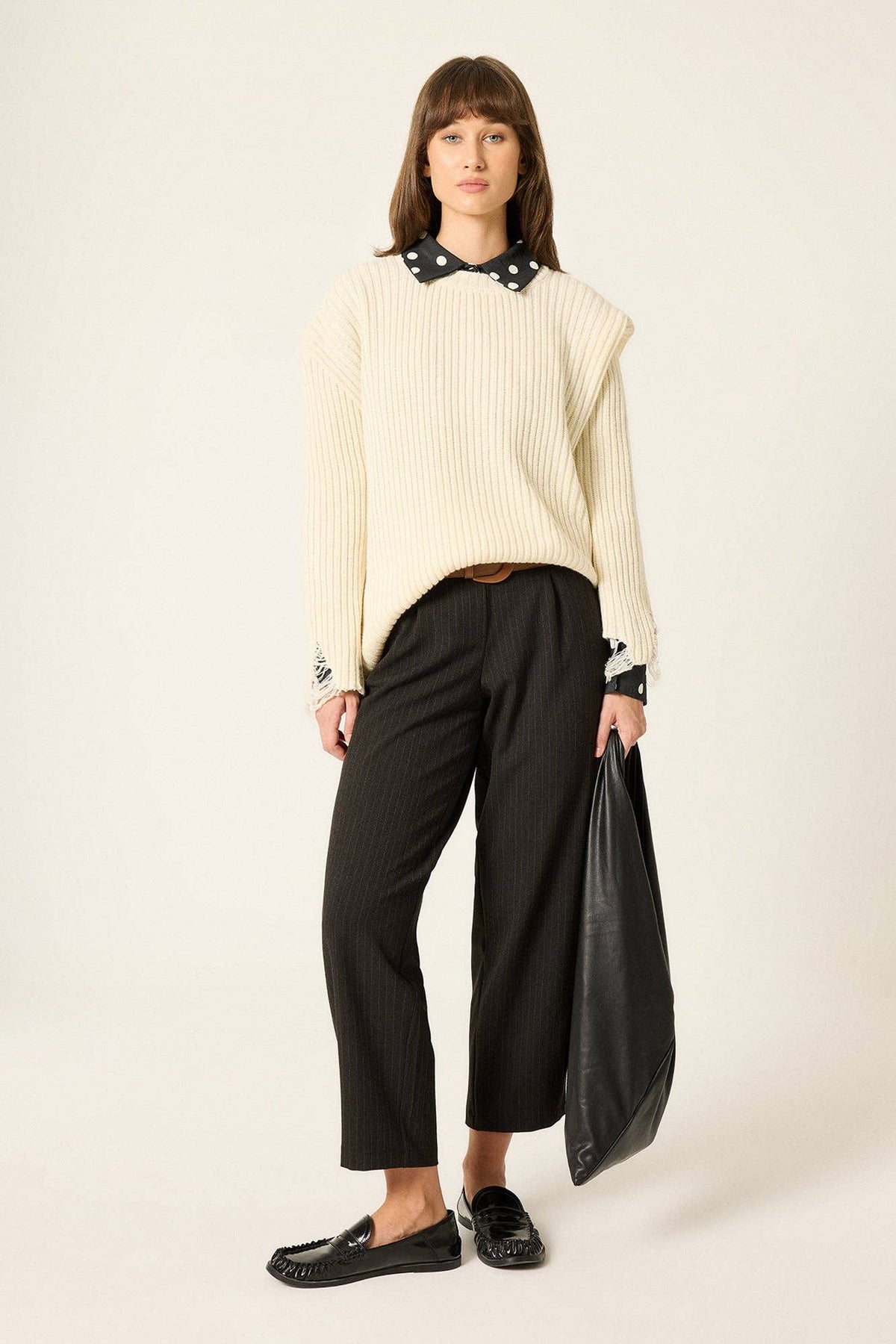 Carrot-Cut Pants with Pencil-Striped Legs: Brown / S