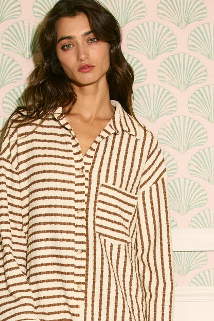 Collared Loose Fit Stripe Print Romper: Brown
