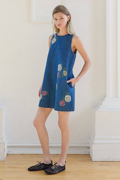 Floral Embroidered Denim Sleeveless Dress: DENIM