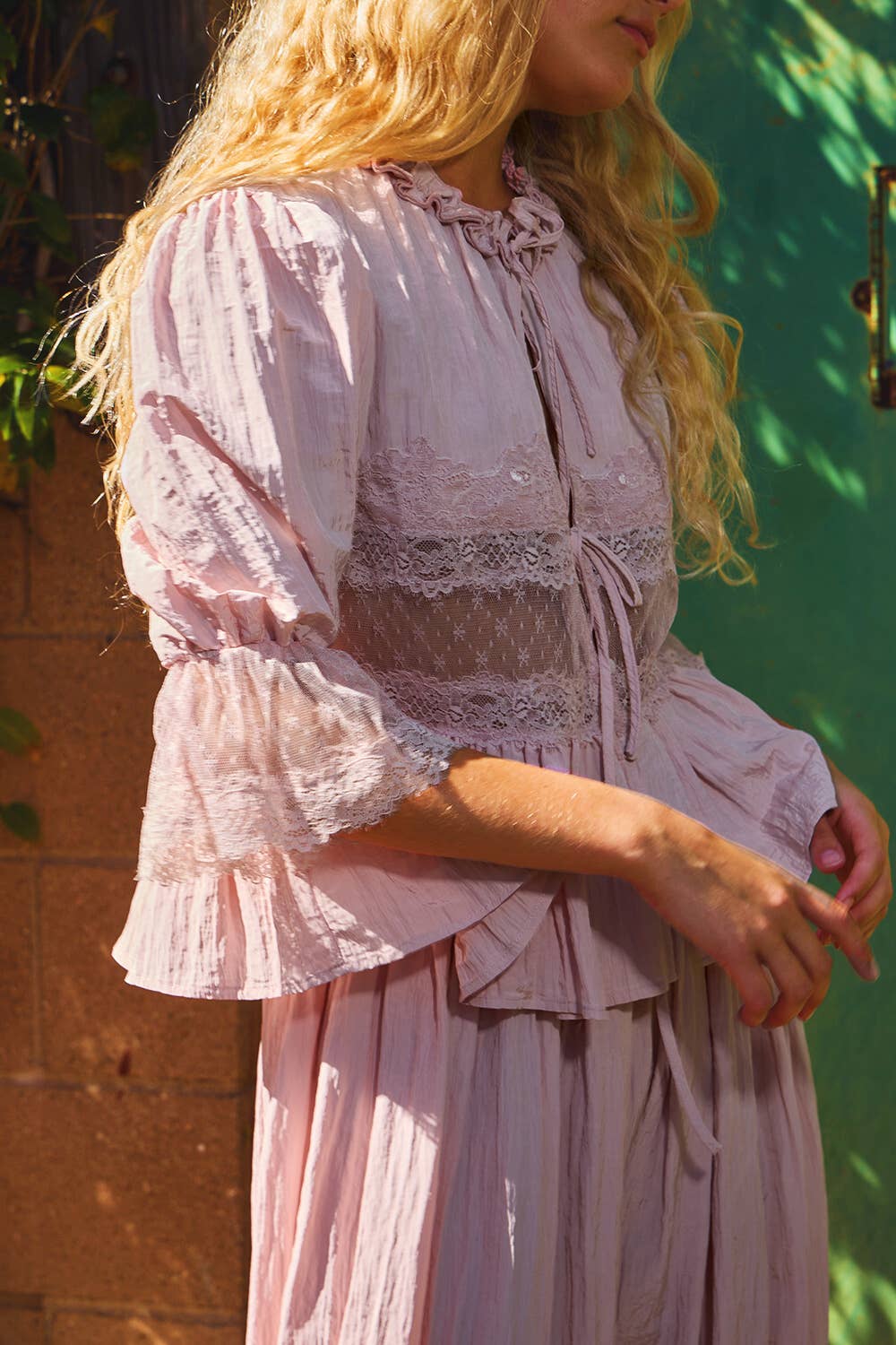 Split Front Sheer Lace Top in Mauve