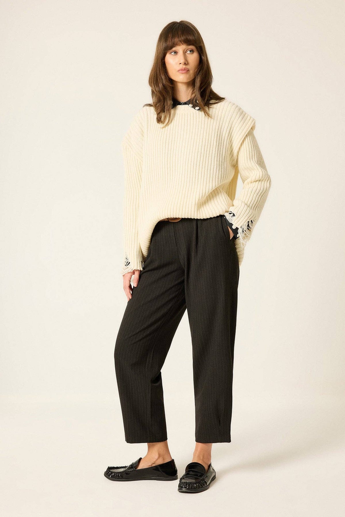 Carrot-Cut Pants with Pencil-Striped Legs: Brown / S
