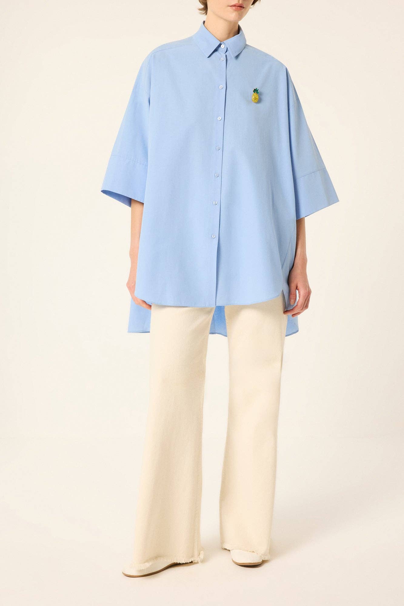 Toby: Oversized Poplin Shirt with Embroidered Detail: Blue / One Size