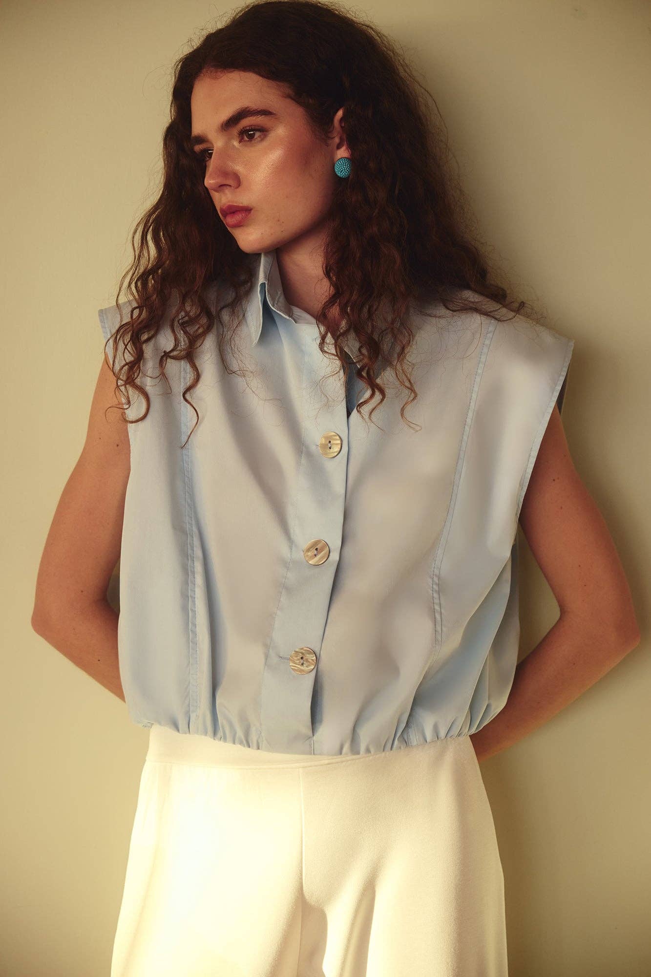 Denise - Elastic Waist Cropped Vest Top: Blue
