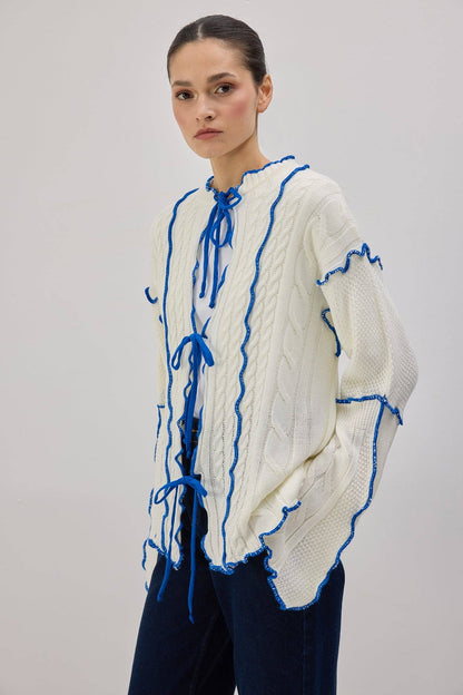 Contrast Trim Knit Cardigan with Tie Front – Statement Cable: Ecru