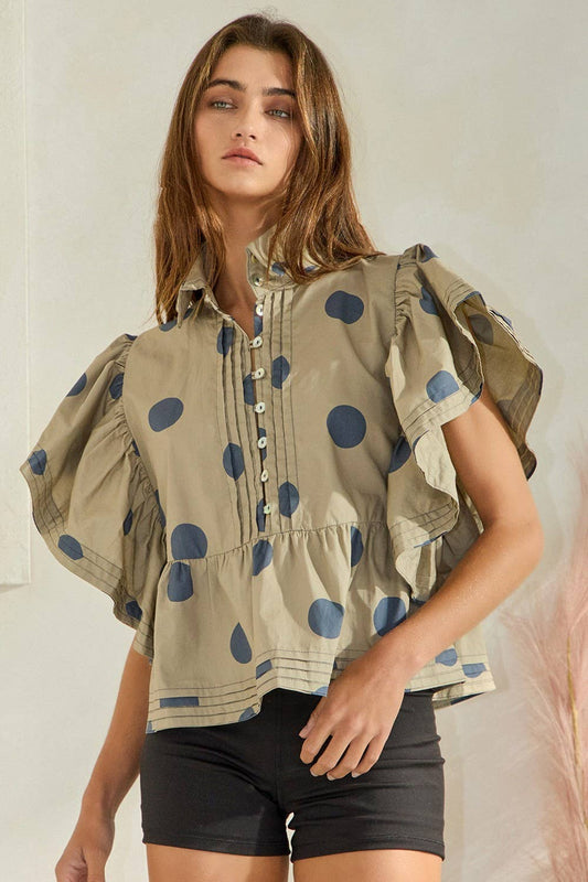 Ruffle Sleeves Pintuck Detail Polka Dot Print Top  TAUPE/NAVY