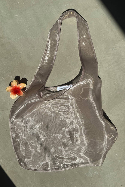 Sheer Wide Strap Organza Shoulder Tote: Khaki