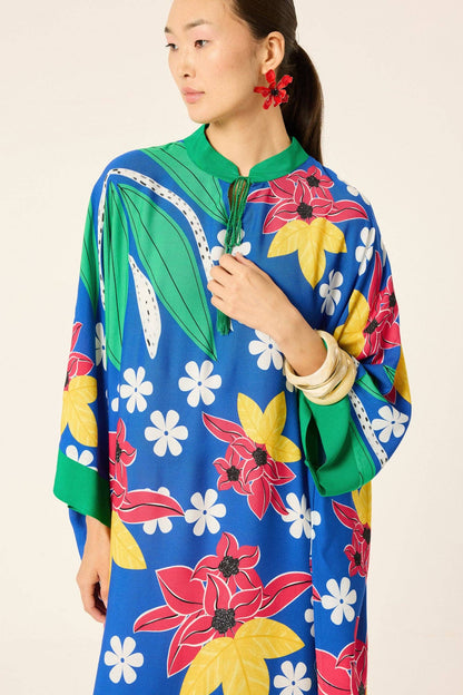 Lola - Tropical Floral Print Viscose Maxi Dress: Navy Blue / One Size