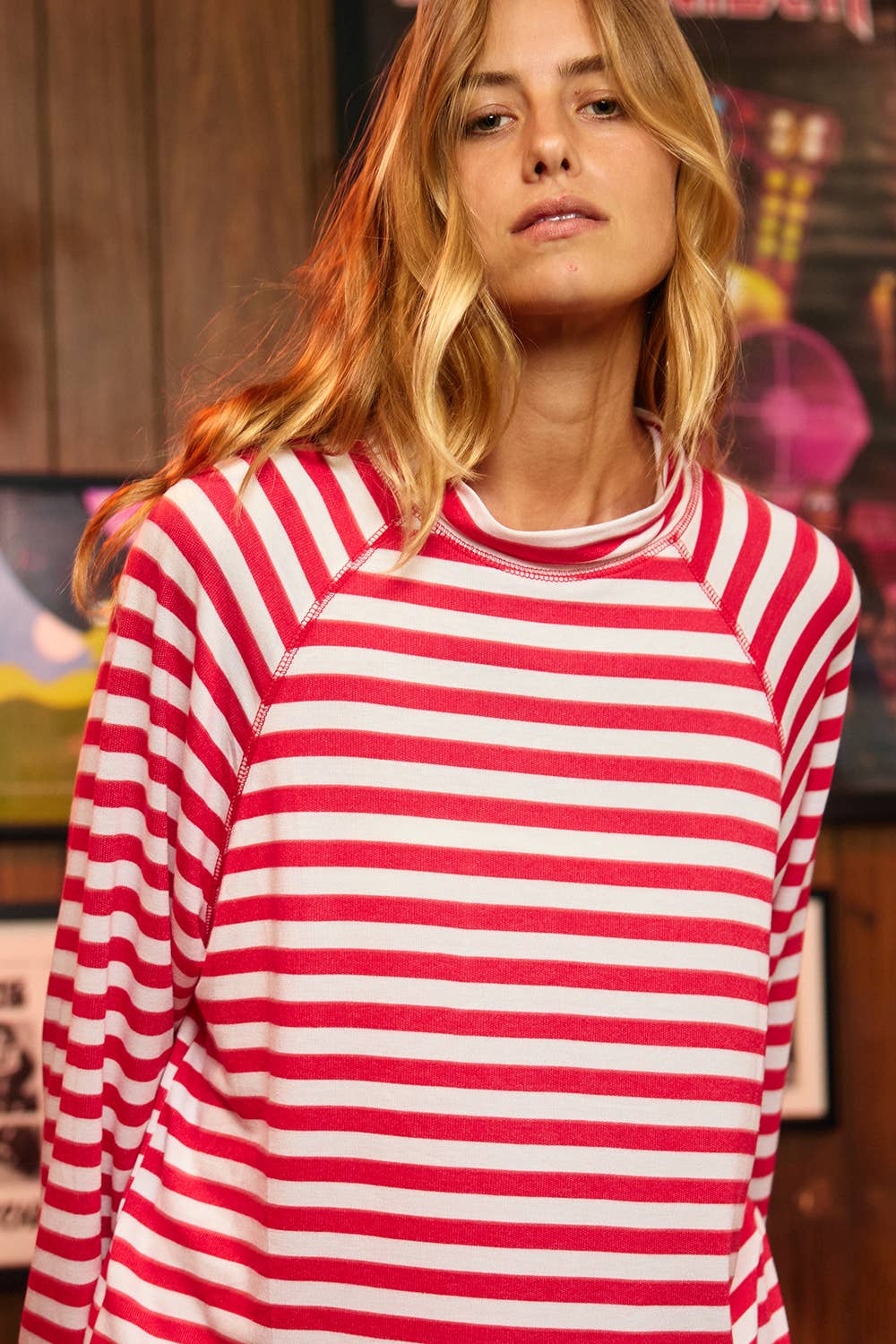 Raglan Sleeves Mock-Neck Striped Oversized Top: Red