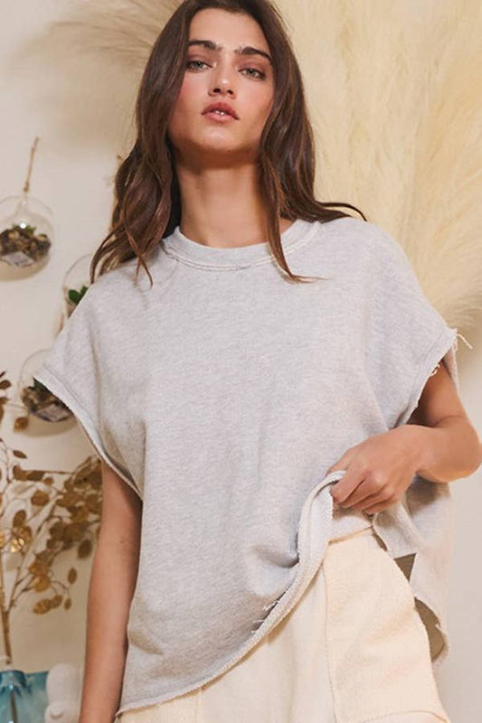 Cut Edge Detail Oversized French Terry Muscle Top: Heather grey
