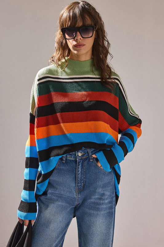 Multicolor Striped Ribbed Mock Neck Sweater