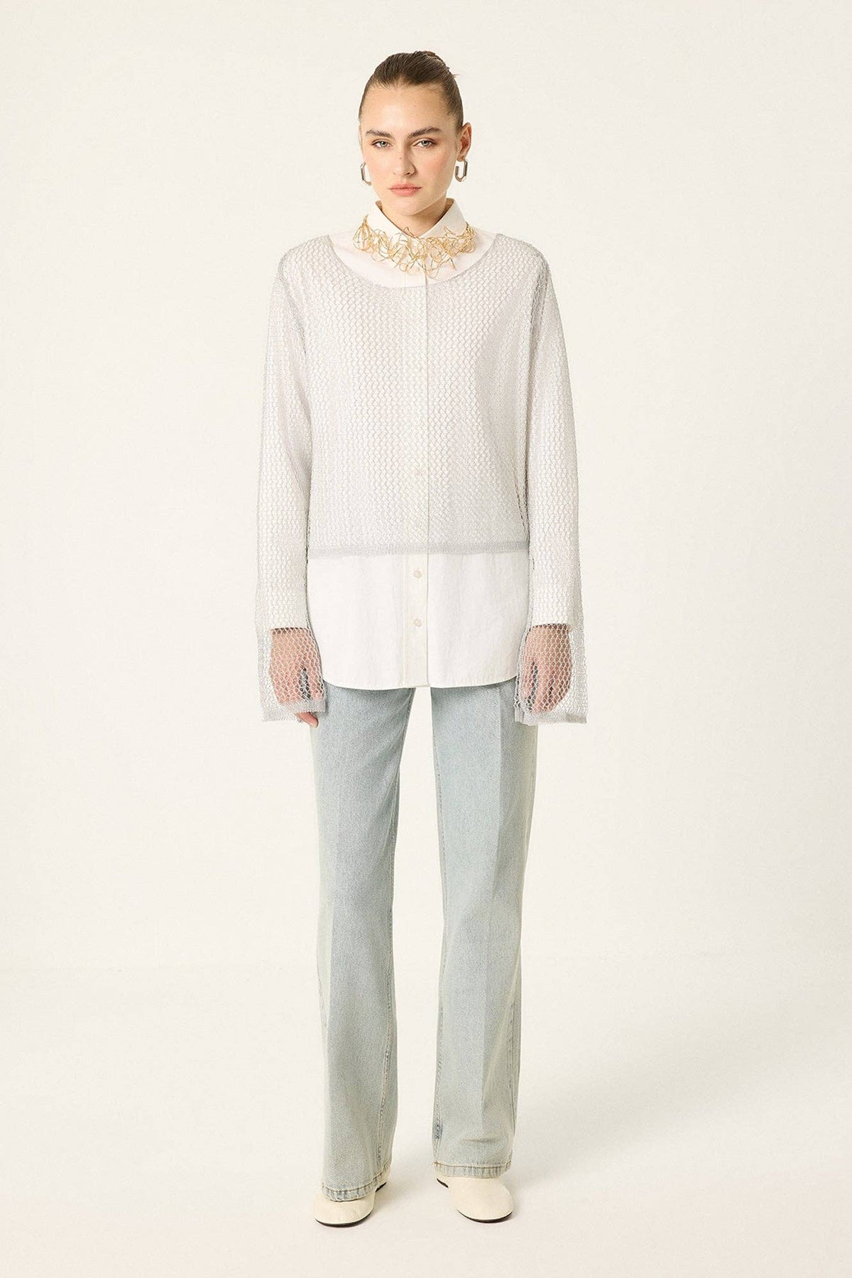Openwork Knit Lace Blouse - Silver