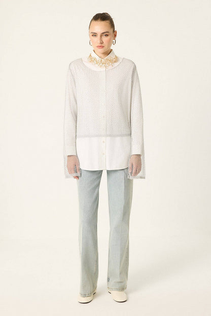 Openwork Knit Lace Blouse - Silver