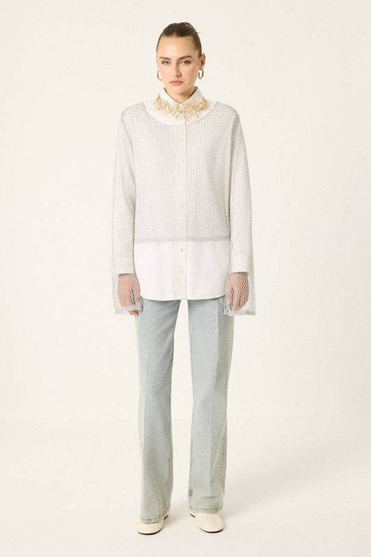 Openwork Knit Lace Blouse - Silver ONE SIZE