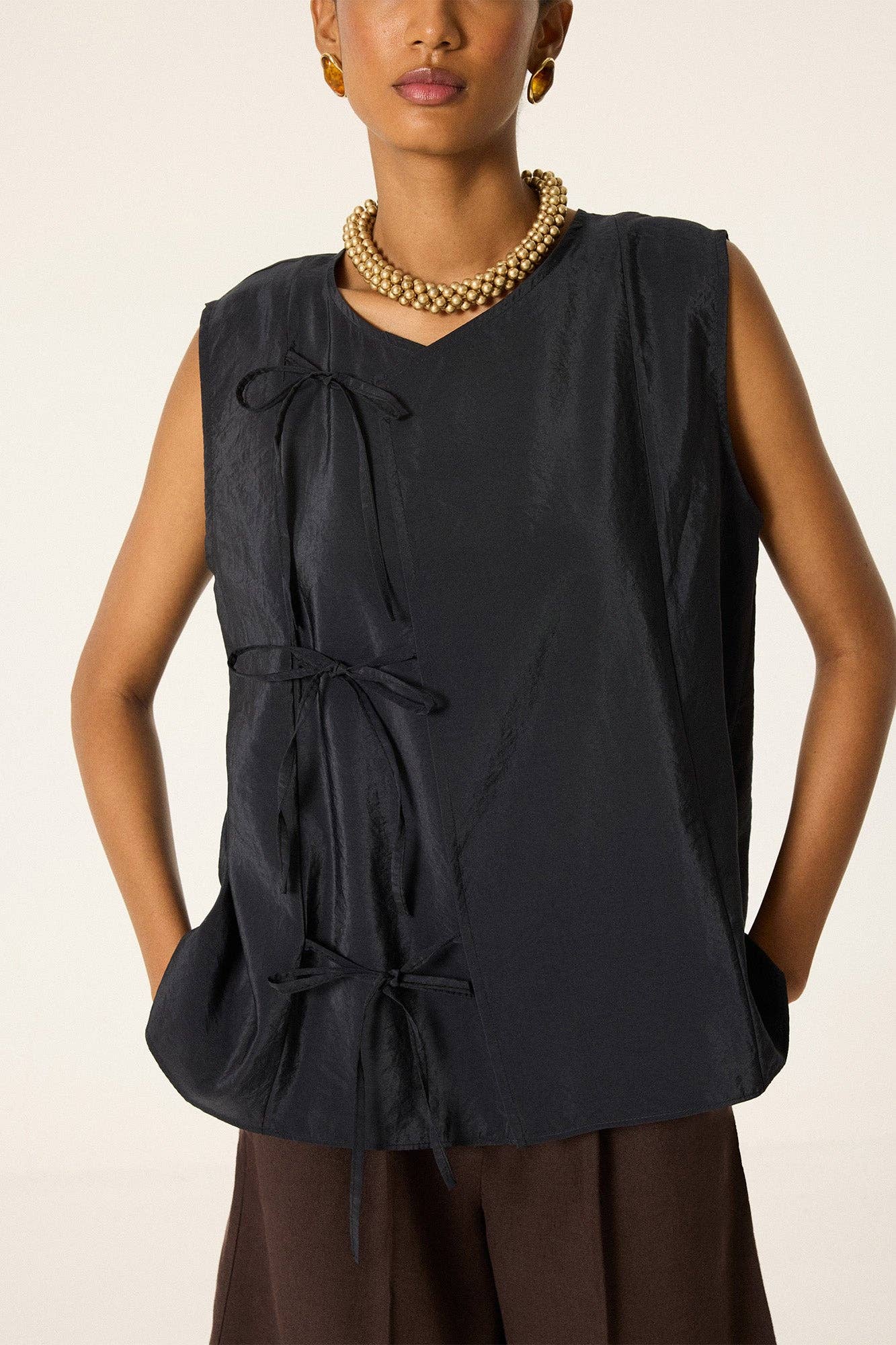 Tie-Front Cupra Look Vest – Sleeveless Relaxed Fit Top : Anthracite
