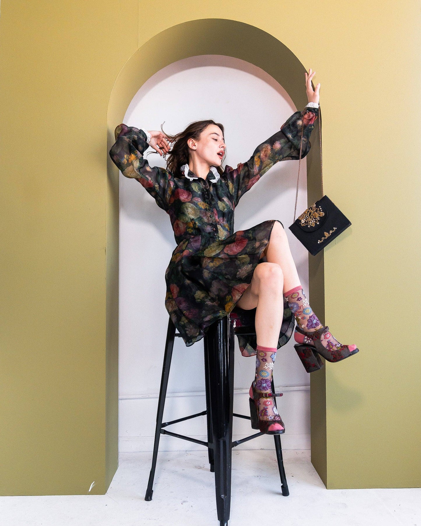 Dark Florals Black Sheer Crew Sock