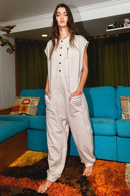 Sleeveless French Terry Jumpsuit in TAUPE