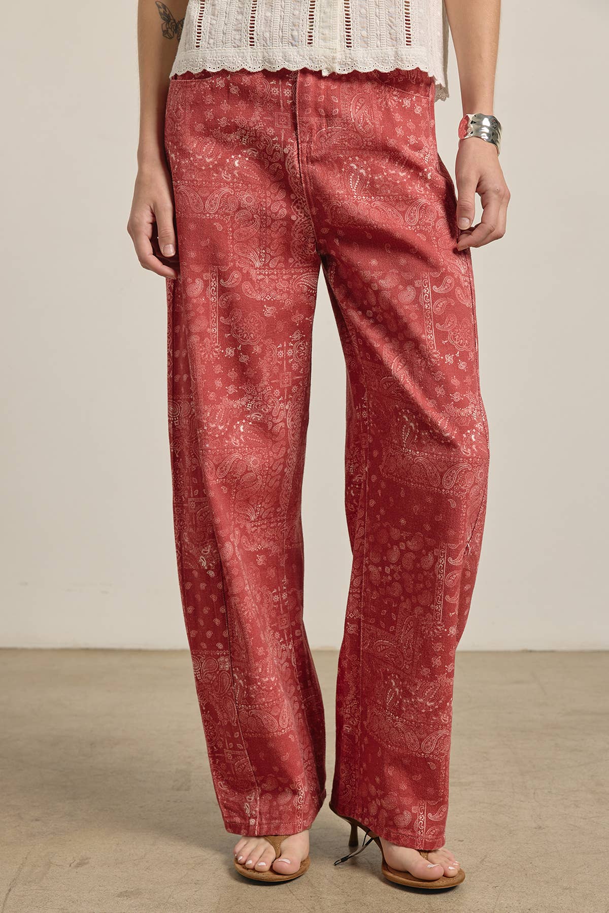 Washed Bandana Print Wide Leg Pants: BANDANA RED