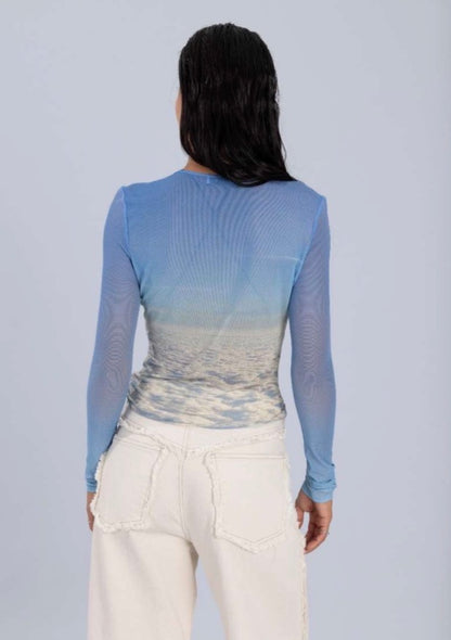 Printed Mesh Long Sleeve Top in Cloud Print