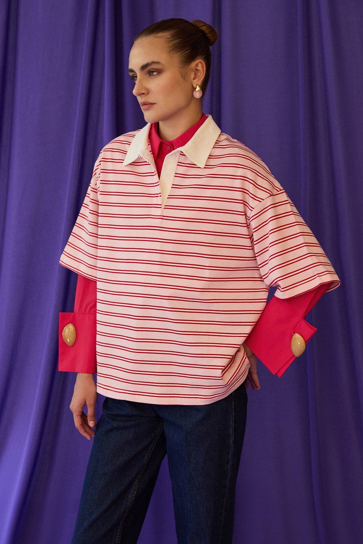 Oversized Striped Polo T-Shirt: Pink / S