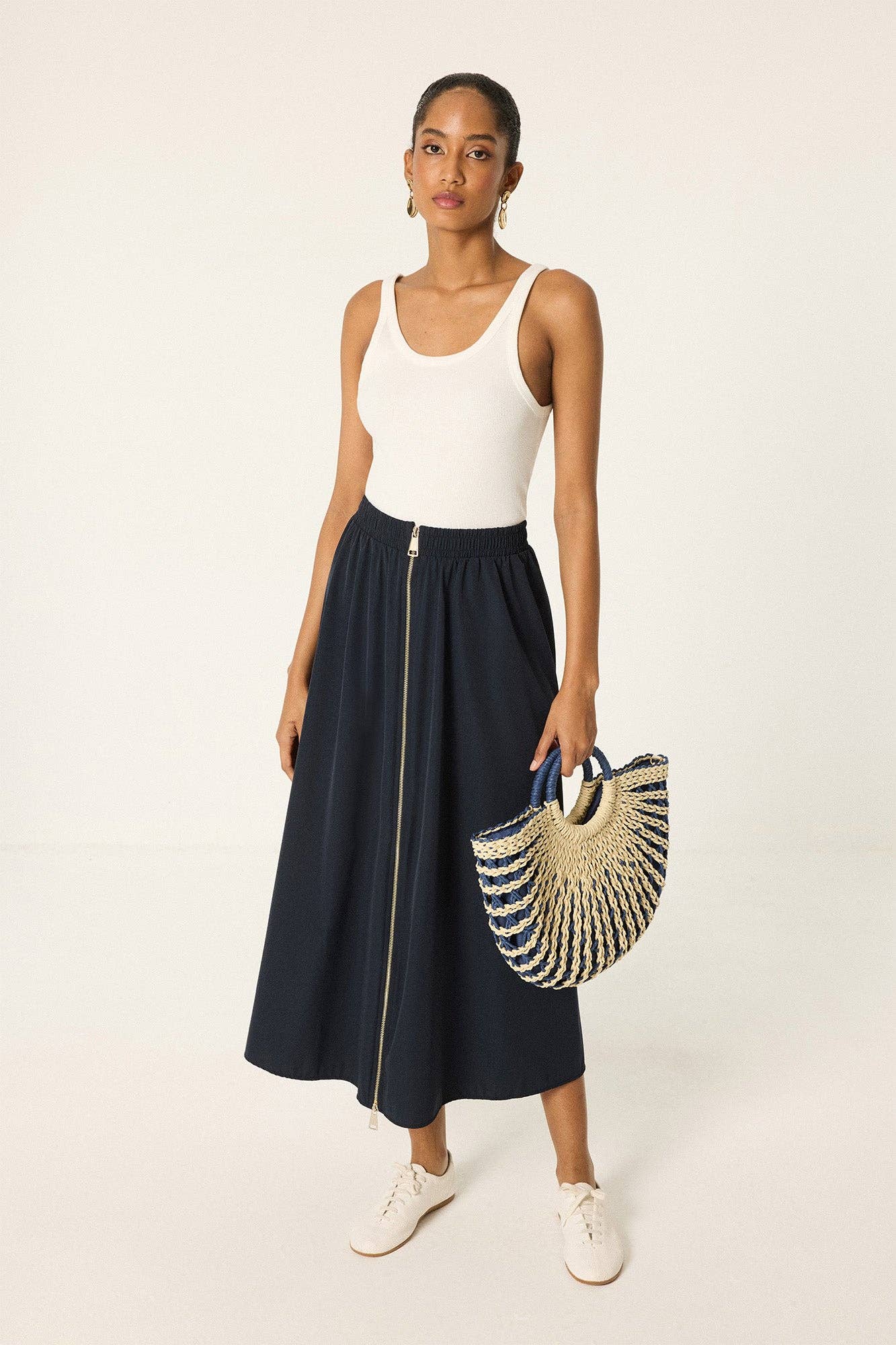 Front Zip Maxi Skirt – Elastic Waist A-Line Skirt: Navy Blue