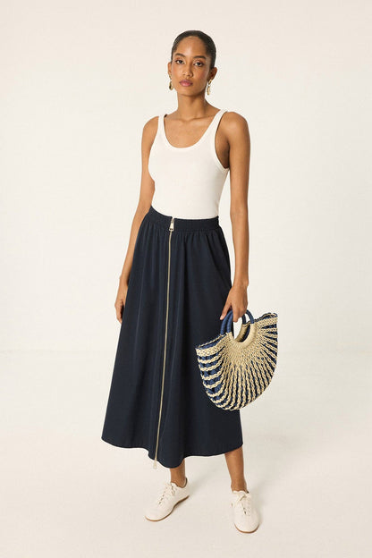 Front Zip Maxi Skirt – Elastic Waist A-Line Skirt: Navy Blue