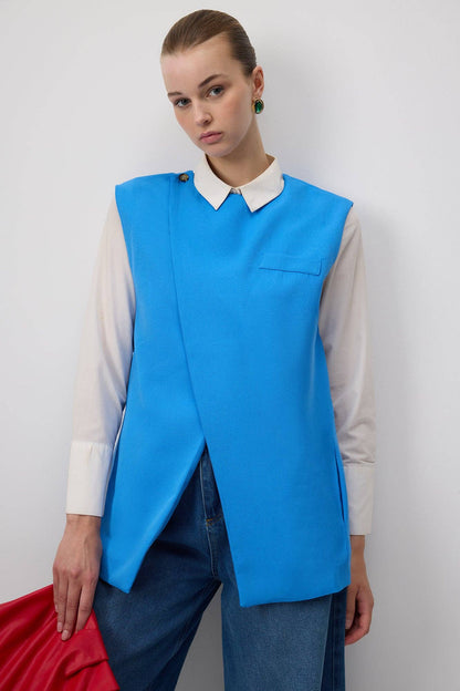 Tailored Linen Blend Vest – Structured Sleeveless Blazer Top: Blue
