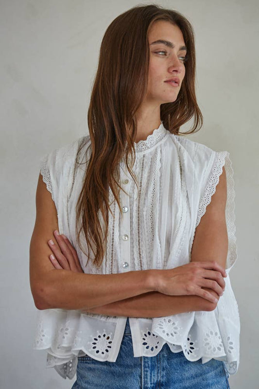 Woven Cotton Eyelet Buttondown Sleeveless Top: Off White