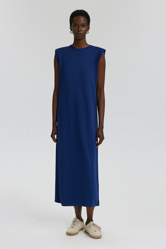Minimal Sleeveless Maxi Dress – Crew Neck Stretch Essential: Navy Blue