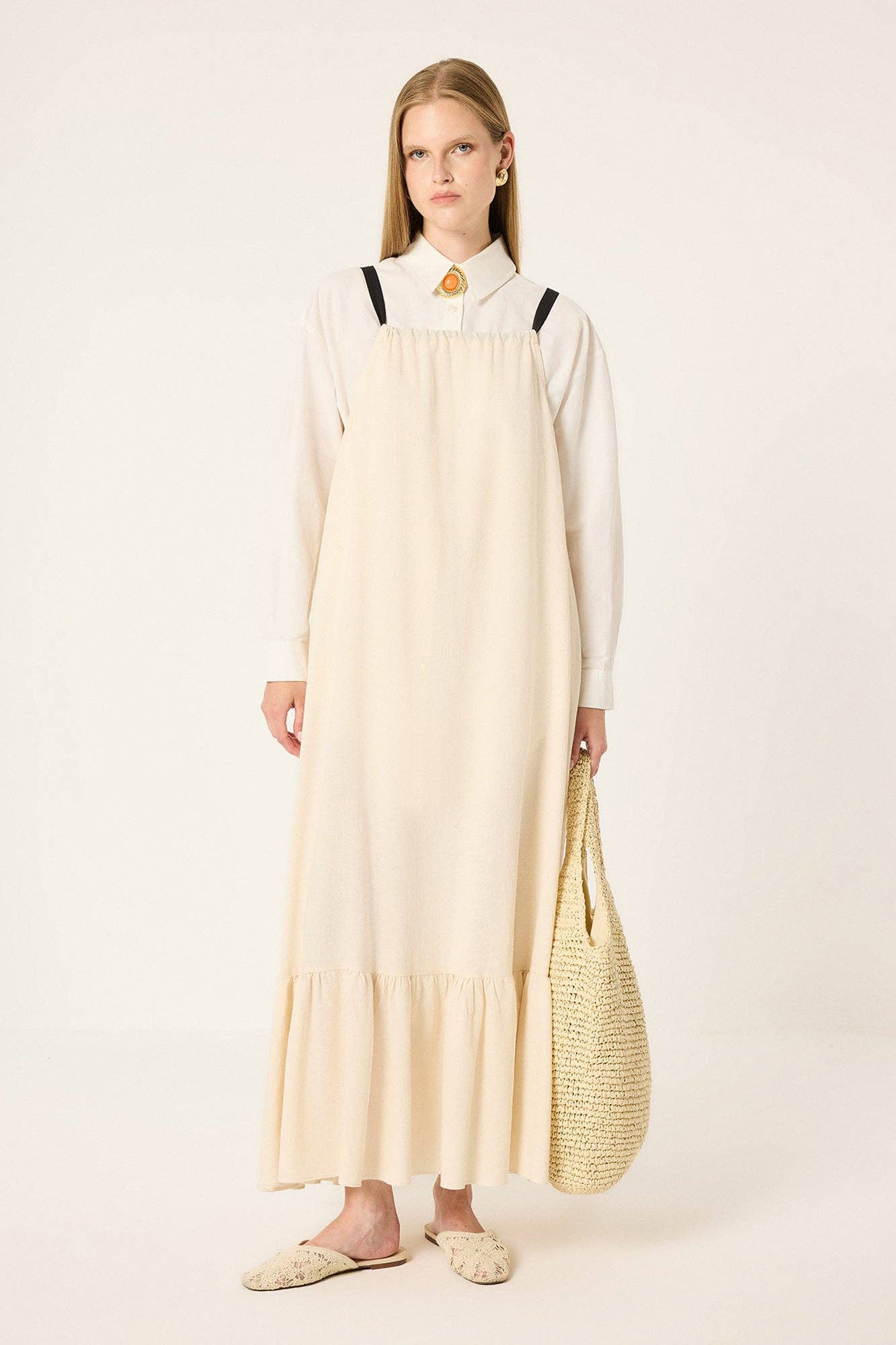 Elouise: Tie-Neck Relaxed Maxi Dress: Beige