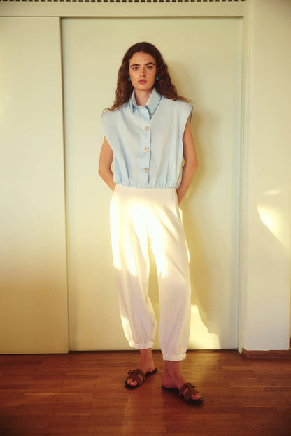 Denise - Elastic Waist Cropped Vest Top: Blue