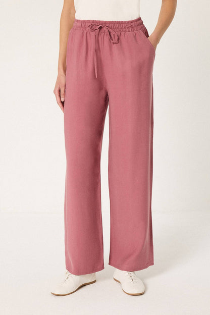 Wide-Leg Cotton Pants – Elastic Waist Relaxed Fit: Pink