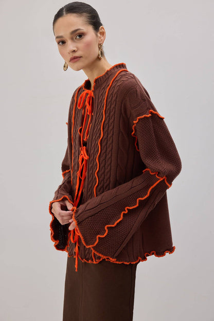 Contrast Trim Knit Cardigan with Tie Front – Statement Cable: Brown / S