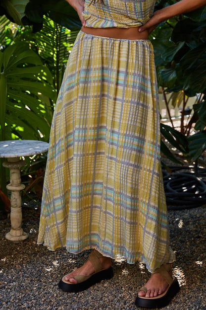 Lisa | Woven Cotton Rayon Plaid Midi Skirt: Lime Multi