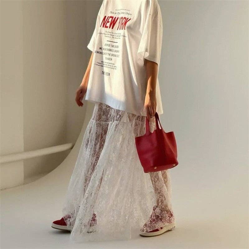 High-Waisted Lace Skirt - White Floral Lace