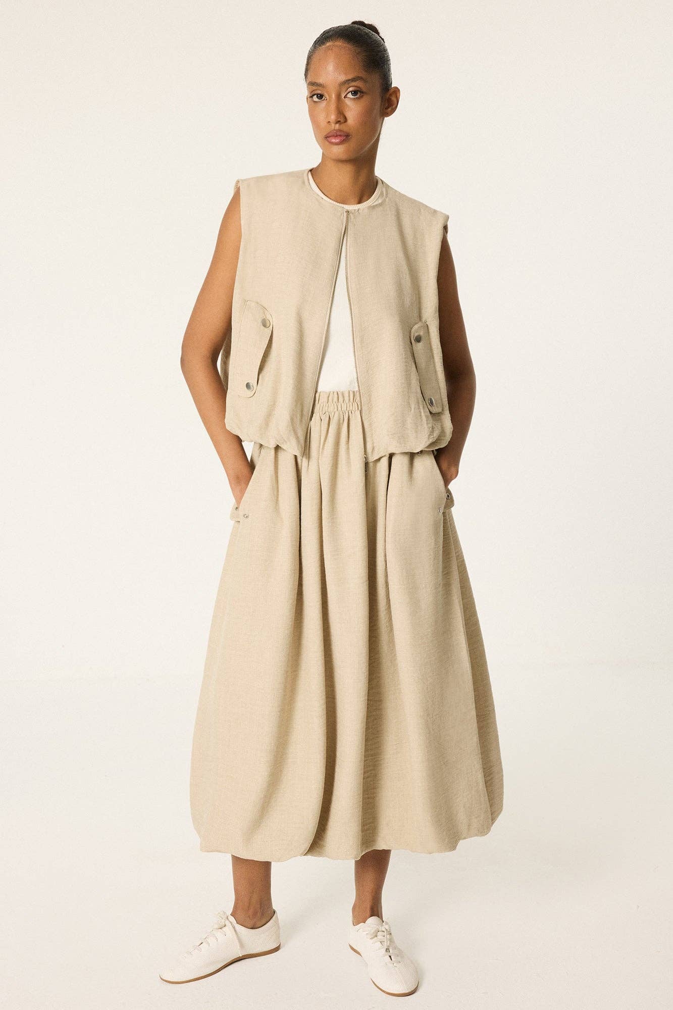 Zipper Front Vest & Maxi Skirt Set – Cotton Blend 2 Piece : Stone