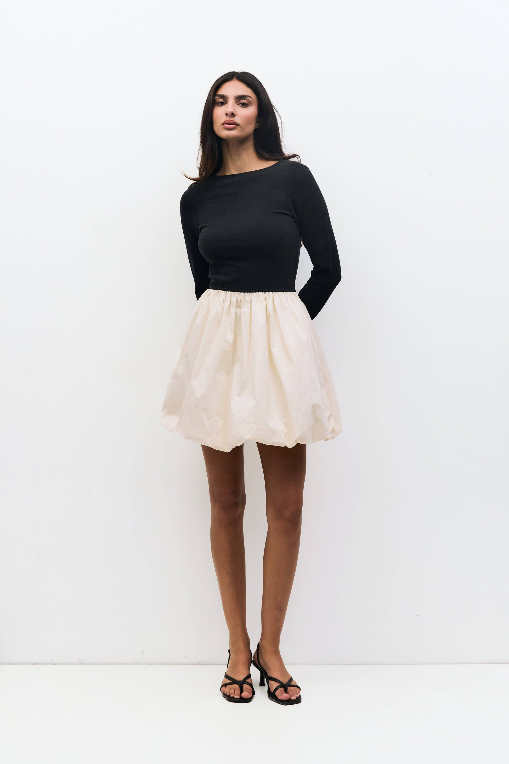 The Yasmin Dress | Long Sleeve Mini Bubble Dress: BLACK-CREAM el be goods The Yasmin Dress | Long Sleeve Mini Bubble Dress: BLACK-CREAM el be goods