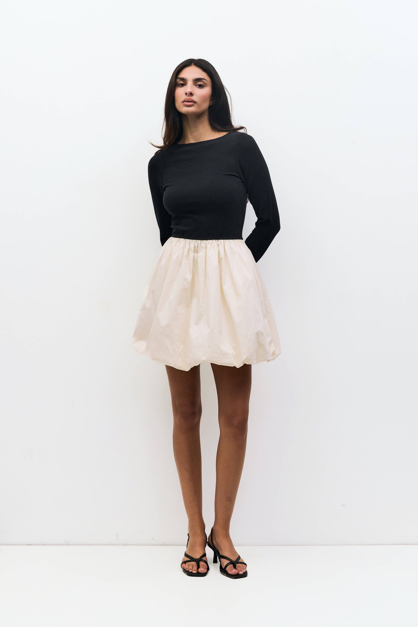 The Yasmin Dress | Long Sleeve Mini Bubble Dress: BLACK-CREAM