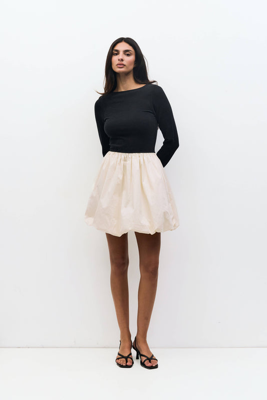 The Yasmin Dress | Long Sleeve Mini Bubble Dress: BLACK-CREAM
