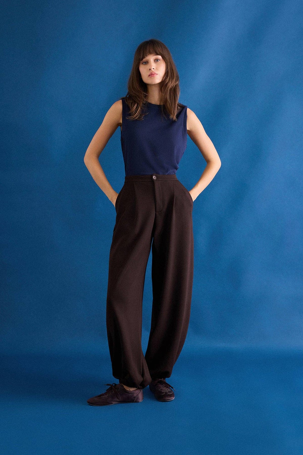Front-Pleated Relaxed Harem Pants: Acı Kahve / S
