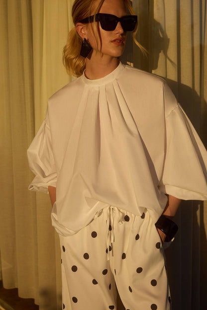 Hector: Belted Pleated Neck Balloon Sleeve Tunic: Ecru / One Size