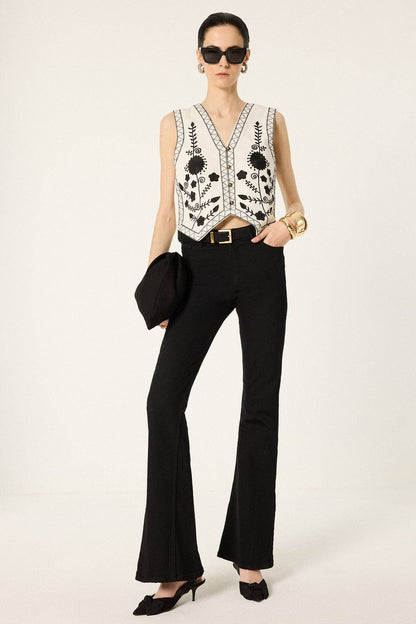 Floral Embroidered Cotton Cropped Button Front Vest: Ecru