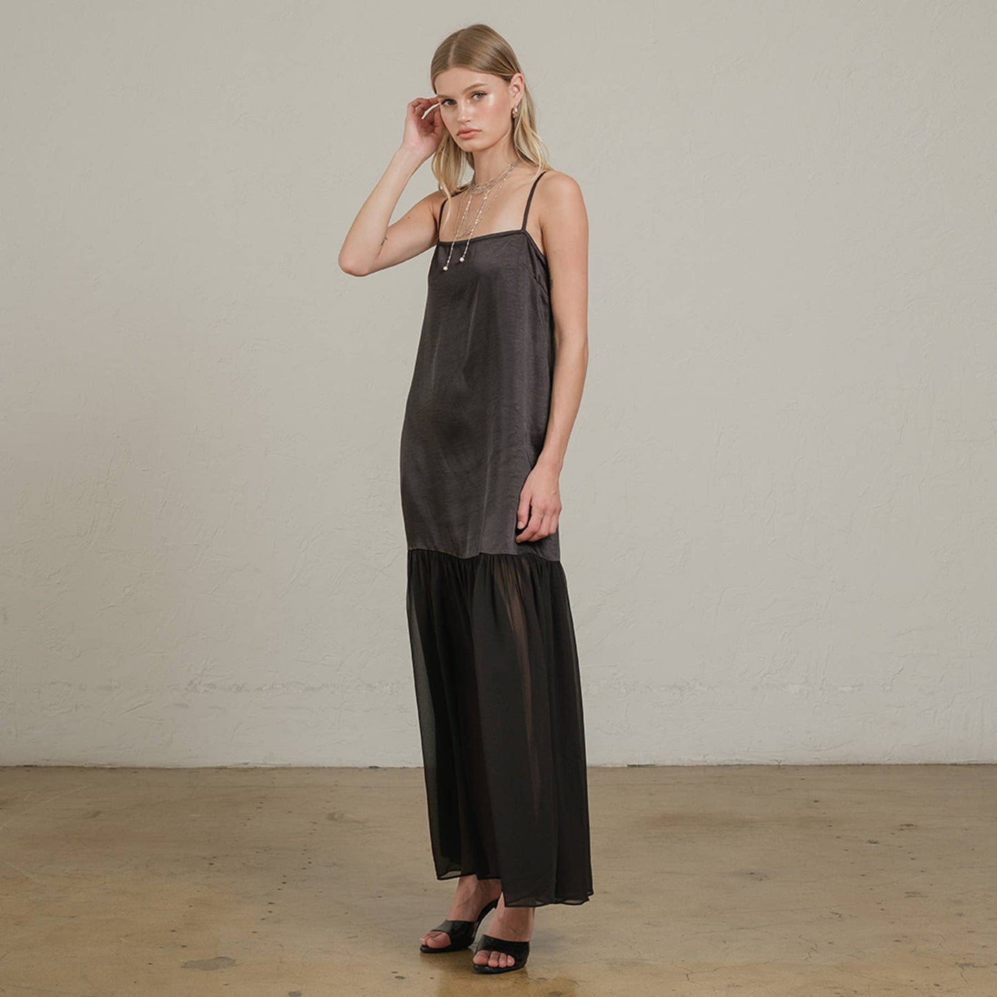 Satin Sheer Hem Maxi Slip Dress: Black