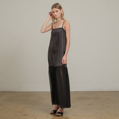 Satin Sheer Hem Maxi Slip Dress: Black