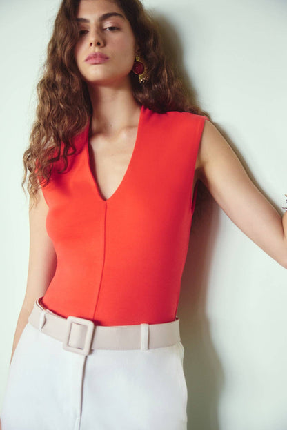 Matilda Double Layer V-Neck top in Red
