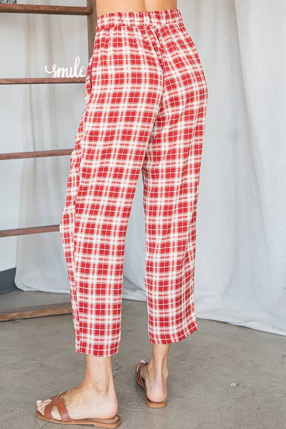 Plaid Print Twist Waist Pants