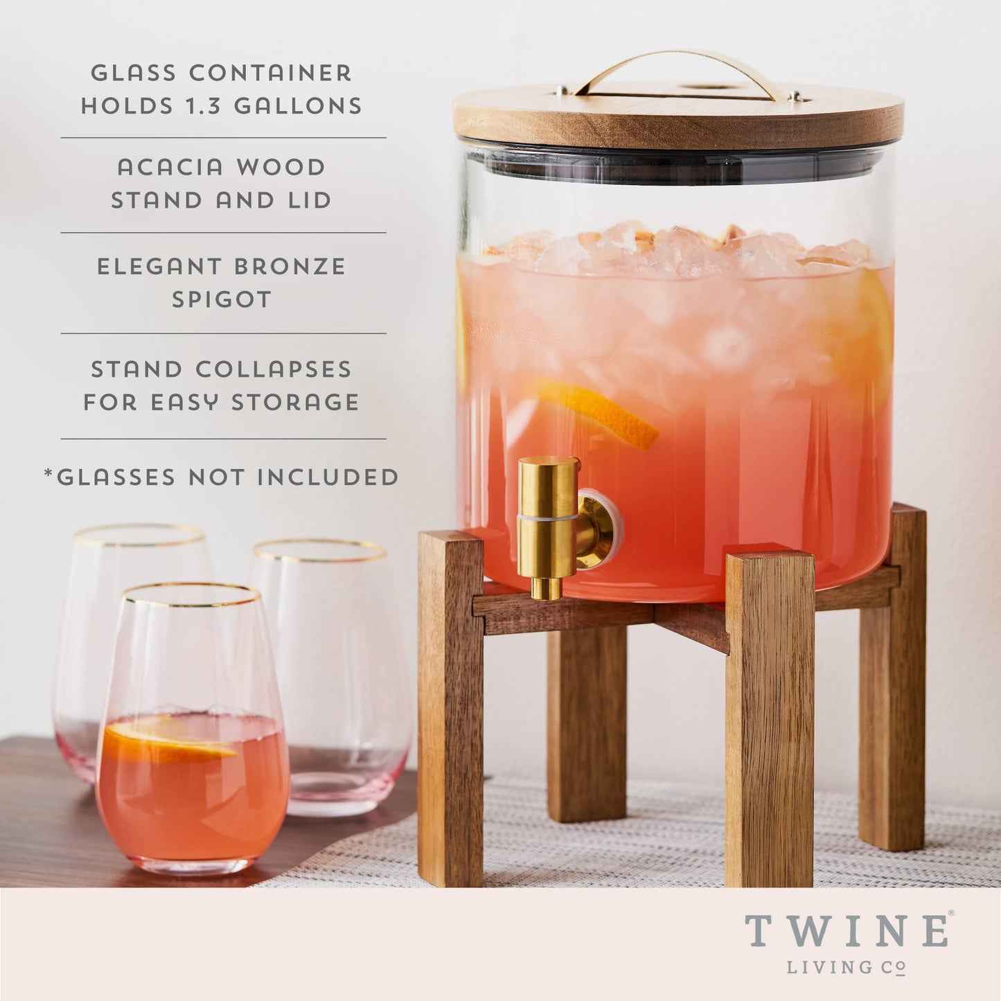 Acacia and Glass Beverage Dispenser w Collapsable Stand: Brown / Acacia / Glass