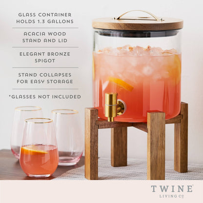 Acacia and Glass Beverage Dispenser w Collapsable Stand: Brown / Acacia / Glass